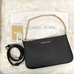 New Michael Kors Saffiano Leather Medium Crossbody Zip Pouchette - Black